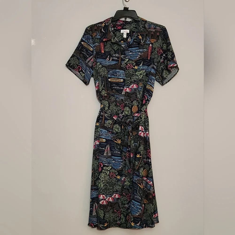 D&Co Denim And Company Tropical Print Midi Tie Belt‎ Shirt Dress Size 1X